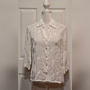 Vintage Johnny Was Ivory  Button Down Floral Embroidery Blouse